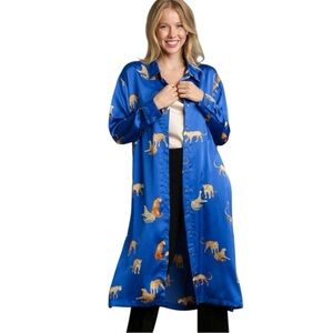 NWT Umgee Royal Blue Satin Animal-Print Long Button Duster Size 1XL